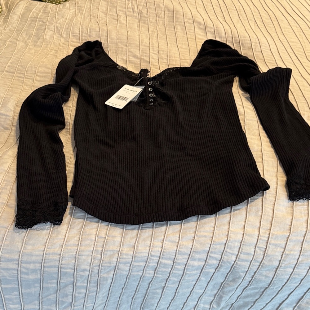 Free People Black Lace-Trimmed Ribbed Top